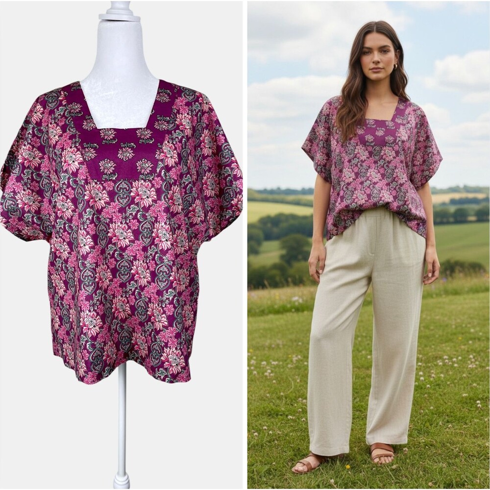 Vermont Country Store Floral Tunic Top Cotton Block Print Cottagecore L